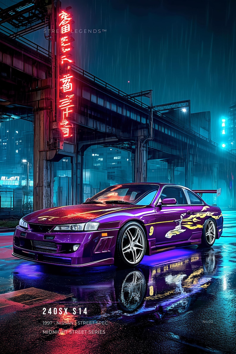 May include: A purple 1997 Nissan 240SX S14 sports car with yellow flame decals and the number 9 on the side. The car features silver wheels, underglow lighting, and a rear spoiler, parked on a wet street under a red neon sign reading STREET LEGENDS.