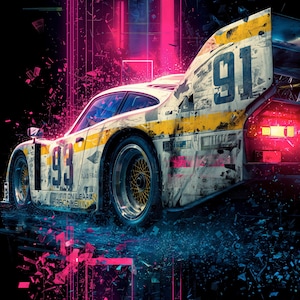 May include: A white and yellow Porsche 962 race car with the number 91 on the rear wing and 93 on the side, set against a black background with neon pink and blue light effects. Text reads MOTORSPORT LEGENDS, PORSCHE 962, and 1988.
