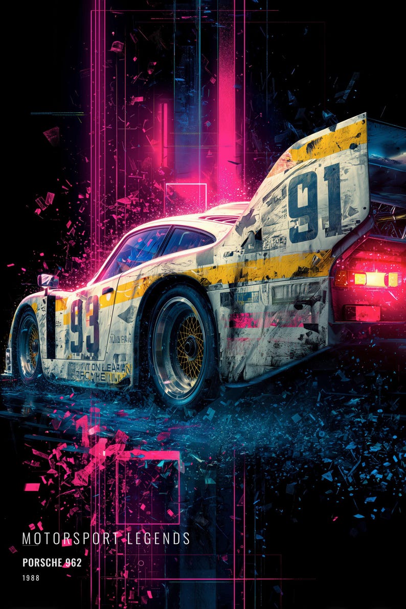 May include: A white and yellow Porsche 962 race car with the number 91 on the rear wing and 93 on the side, set against a black background with neon pink and blue light effects. Text reads MOTORSPORT LEGENDS, PORSCHE 962, and 1988.