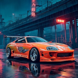 May include: A bright orange Toyota Supra MK4 sports car with a rear spoiler and green side graphics parked on a wet city street at night. The scene features neon red Japanese text signs, a dark overpass, and reflections on the rainy pavement.
