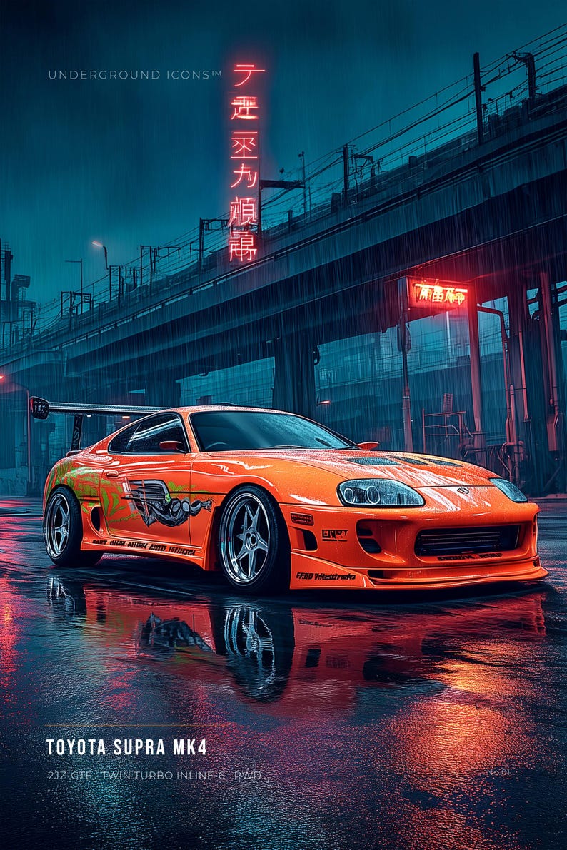 May include: A bright orange Toyota Supra MK4 sports car with a rear spoiler and green side graphics parked on a wet city street at night. The scene features neon red Japanese text signs, a dark overpass, and reflections on the rainy pavement.