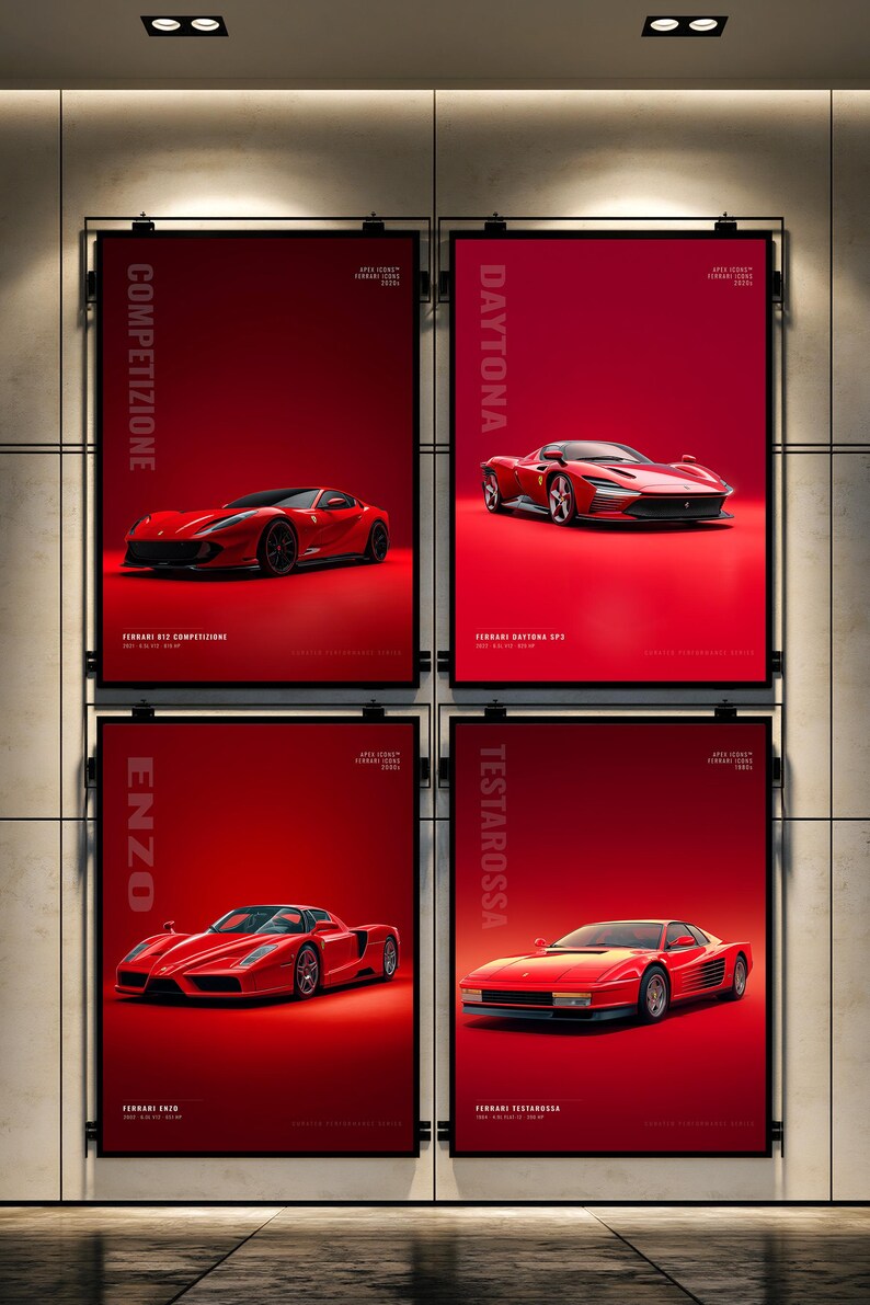 May include: Four rectangular wall posters featuring red Ferrari sports cars on a solid red background. The posters are titled Competizione, Daytona, Enzo, and Testarossa, with white text detailing the specific Ferrari model and year for each car.