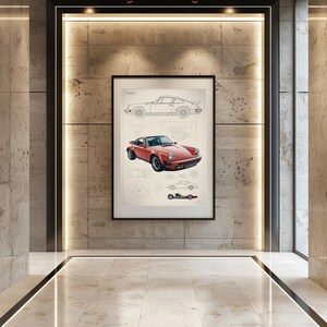 May include: A framed wall art print featuring a technical blueprint style illustration of a red sports car. The artwork includes a large central colored image of the vehicle, surrounded by smaller line drawings, diagrams, and technical schematics.