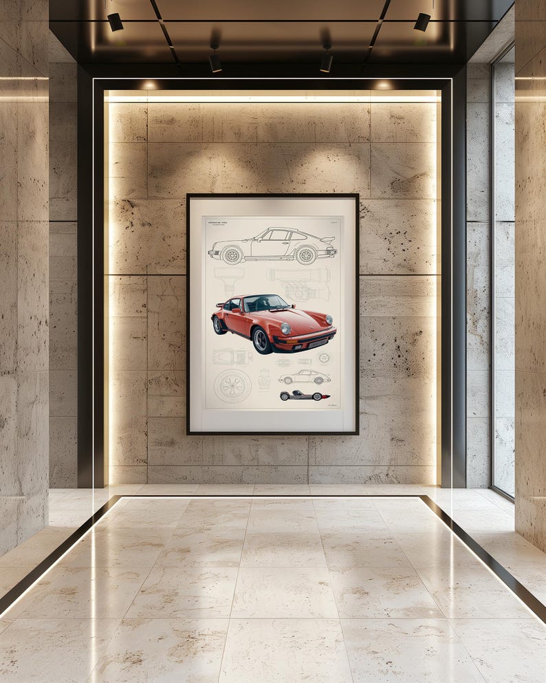 May include: A framed wall art print featuring a technical blueprint style illustration of a red sports car. The artwork includes a large central colored image of the vehicle, surrounded by smaller line drawings, diagrams, and technical schematics.