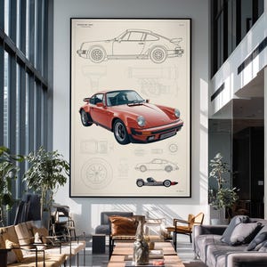 May include: A large framed wall art print featuring a technical blueprint of a Porsche 911. The artwork displays a detailed red car illustration centered between line drawings of the vehicle's profile, engine components, and wheel design.