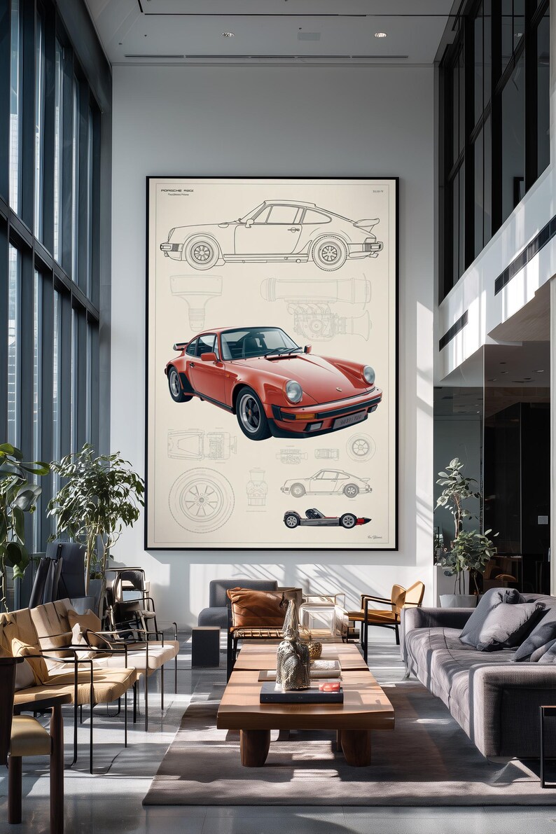 May include: A large framed wall art print featuring a technical blueprint of a Porsche 911. The artwork displays a detailed red car illustration centered between line drawings of the vehicle's profile, engine components, and wheel design.
