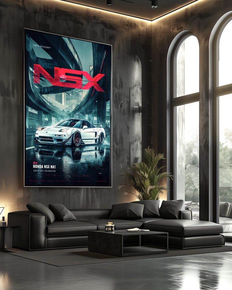 May include: A large vertical wall poster featuring a white Honda NSX NA1 sports car parked on a wet city street at night. The bold red text NSX is displayed at the top, with the text HONDA NSX NA1 and Tokyo Division printed at the bottom.