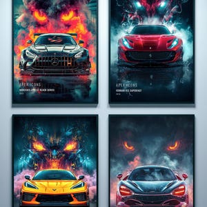 May include: Four framed posters titled APEX ICONS featuring a Mercedes-AMG GT Black Series, Ferrari 812 Superfast, Chevrolet Corvette C8 Z06, and McLaren 720S. Each car is depicted with dramatic smoke, glowing eyes, and vibrant color accents.