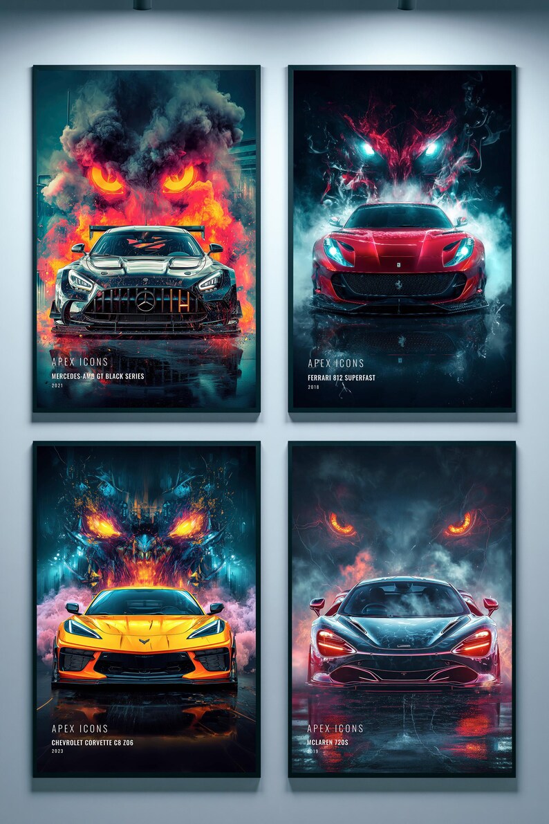 May include: Four framed posters titled APEX ICONS featuring a Mercedes-AMG GT Black Series, Ferrari 812 Superfast, Chevrolet Corvette C8 Z06, and McLaren 720S. Each car is depicted with dramatic smoke, glowing eyes, and vibrant color accents.