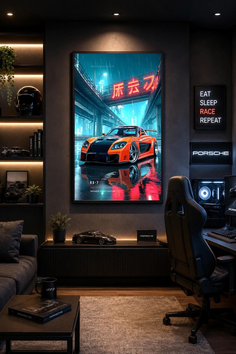 May include: A framed wall poster featuring a bright orange sports car parked on a wet city street at night under a neon sign with Japanese characters. The artwork displays the text RX-7 and Japanese Street Culture in a dark, moody urban setting.