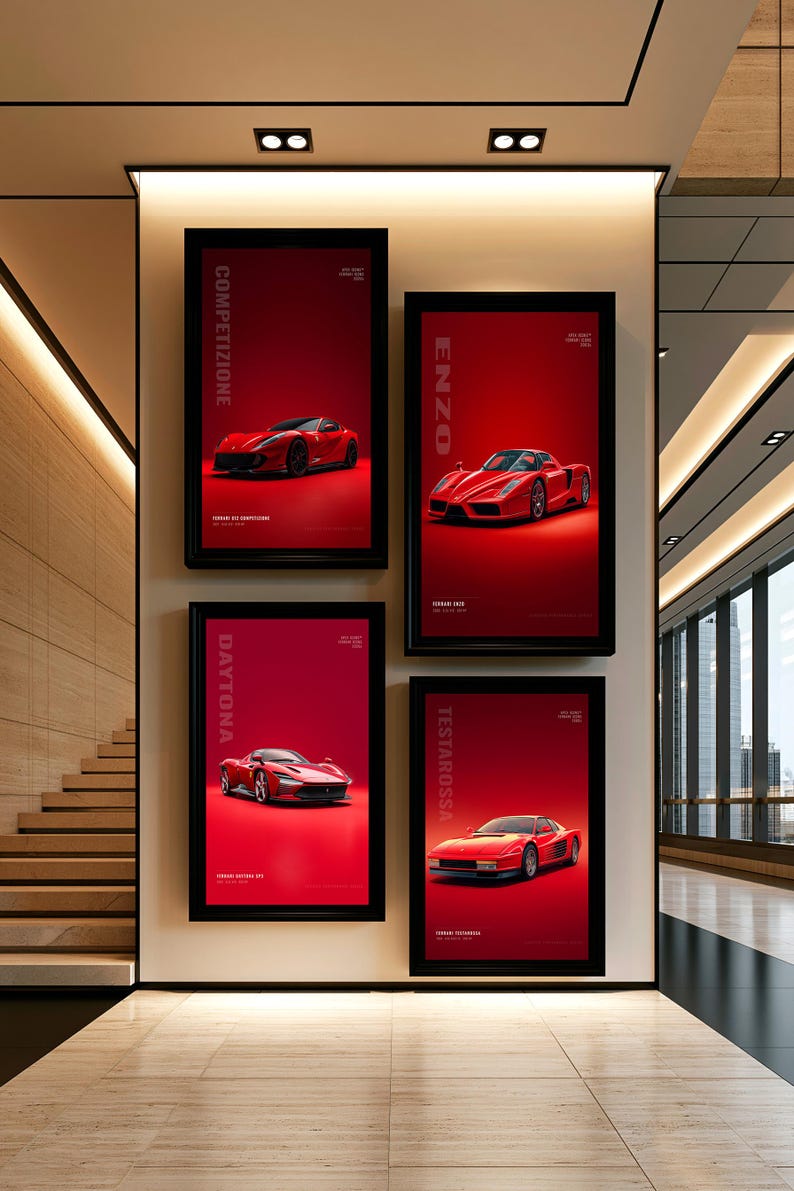 May include: Four rectangular framed wall posters featuring red sports cars on a solid red background. Each poster displays a specific car model name in white text: Competizione, Enzo, Daytona, and Testarossa, along with additional small white text.