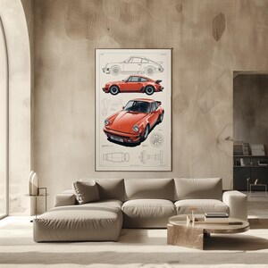May include: A vertical wall poster featuring a technical blueprint illustration of a classic orange sports car. The artwork displays a side profile line drawing, a side view in orange, and a front three-quarter view of the same orange vehicle.