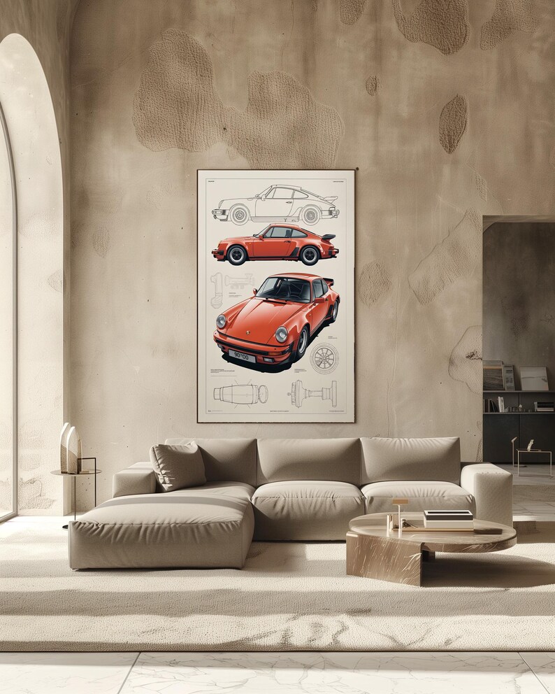 May include: A vertical wall poster featuring a technical blueprint illustration of a classic orange sports car. The artwork displays a side profile line drawing, a side view in orange, and a front three-quarter view of the same orange vehicle.
