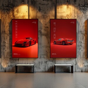 May include: Four vertical rectangular wall posters featuring red Ferrari sports cars. Each poster displays a specific model: 288 GTO, F40, F50, and LaFerrari. The posters are set against a textured concrete wall, each positioned above a small black bench.