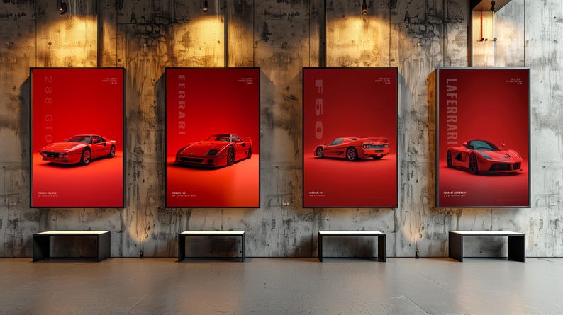 May include: Four vertical rectangular wall posters featuring red Ferrari sports cars. Each poster displays a specific model: 288 GTO, F40, F50, and LaFerrari. The posters are set against a textured concrete wall, each positioned above a small black bench.