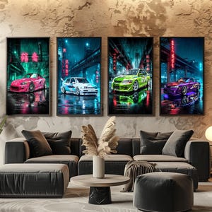 May include: A set of four vertical wall art prints featuring stylized sports cars in a rainy, neon-lit urban environment. The prints display a pink S2000, a white Jetta, a lime green Lancer Evo, and a purple Silvia, each with Japanese text.