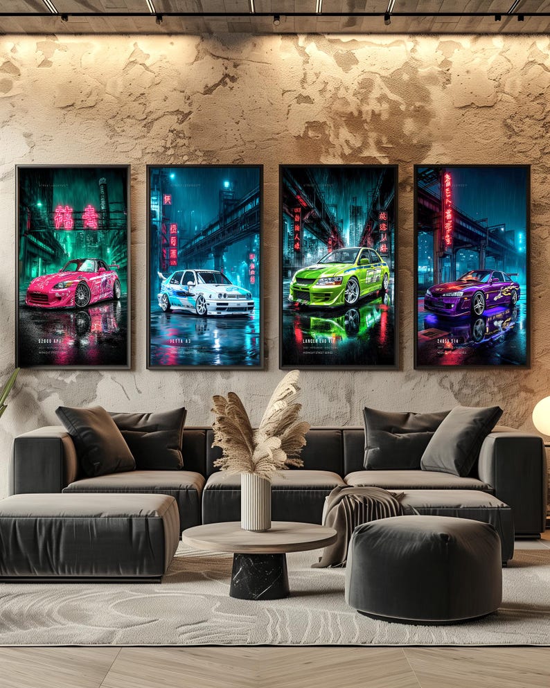 May include: A set of four vertical wall art prints featuring stylized sports cars in a rainy, neon-lit urban environment. The prints display a pink S2000, a white Jetta, a lime green Lancer Evo, and a purple Silvia, each with Japanese text.