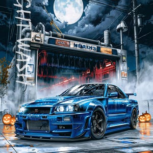 May include: A digital art print featuring a blue Nissan Skyline GT-R R34 parked at a car wash under a full moon. The image includes text reading NIGHT WASH, MIDNIGHT // OCTOBER LIMITED HALLOWEEN SERIES, and NISSAN SKYLINE GT-R R34. Jack-o'-lanterns sit on the ground.
