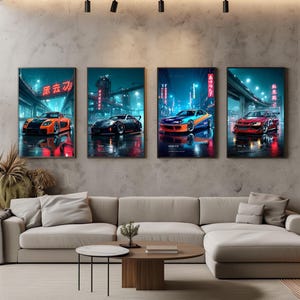 May include: Four vertical framed wall art prints featuring sports cars in a neon-lit city street at night. The prints display an orange RX-7, a black sports car, a blue and orange Silvia S15, and a red Evo IX, all with Japanese text signage.