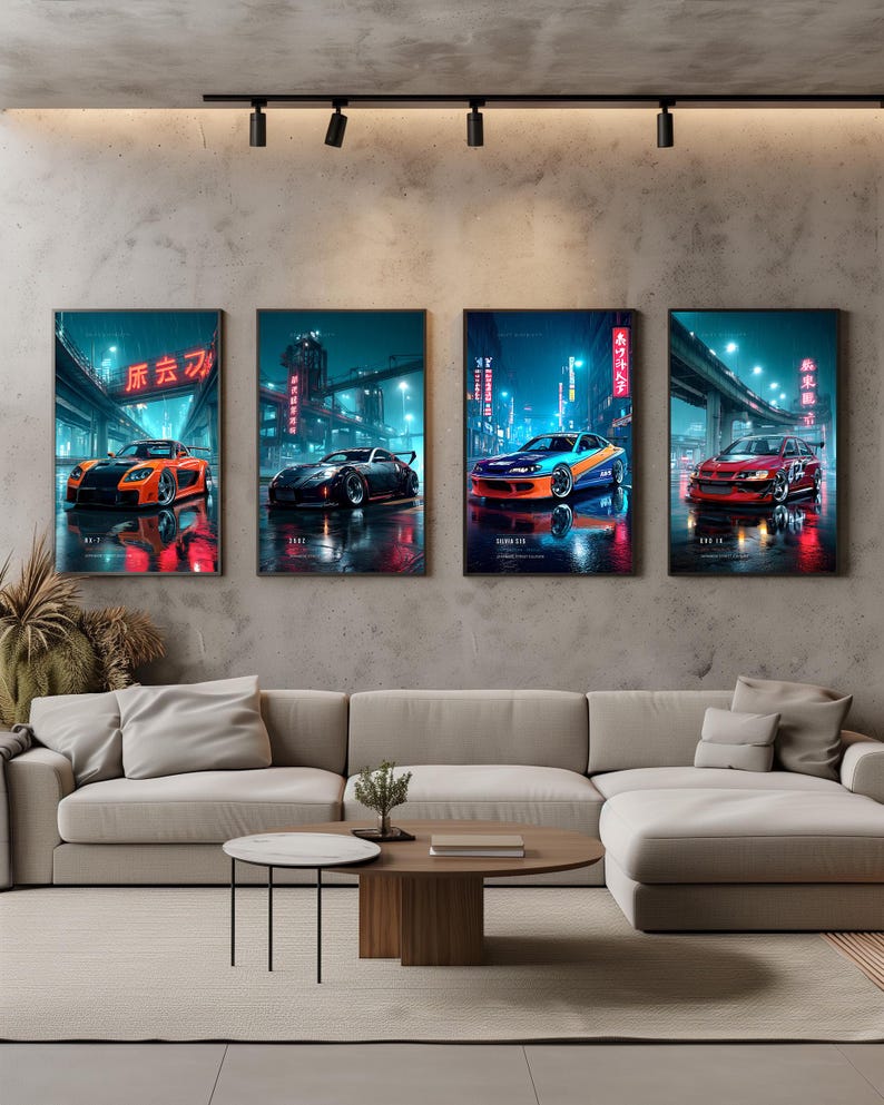 May include: Four vertical framed wall art prints featuring sports cars in a neon-lit city street at night. The prints display an orange RX-7, a black sports car, a blue and orange Silvia S15, and a red Evo IX, all with Japanese text signage.