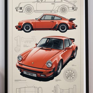 May include: A framed technical print featuring a red sports car in side and front-angle views, accompanied by black-and-white line drawings of the vehicle's profile, a wheel, and mechanical components on a light beige background with a black frame.