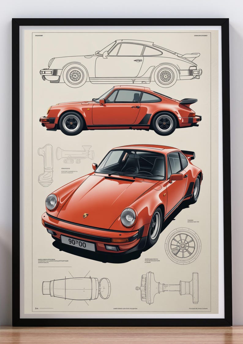 May include: A framed technical print featuring a red sports car in side and front-angle views, accompanied by black-and-white line drawings of the vehicle's profile, a wheel, and mechanical components on a light beige background with a black frame.
