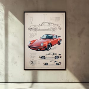 Puede incluir: Un p&oacute;ster enmarcado que presenta una ilustraci&oacute;n central de un coche deportivo rojo, rodeado de dibujos t&eacute;cnicos de l&iacute;neas del mismo veh&iacute;culo en perfiles laterales y superiores, sobre un fondo beige claro con contornos negros.