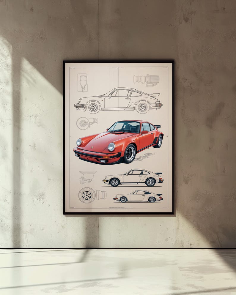 Puede incluir: Un p&oacute;ster enmarcado que presenta una ilustraci&oacute;n central de un coche deportivo rojo, rodeado de dibujos t&eacute;cnicos de l&iacute;neas del mismo veh&iacute;culo en perfiles laterales y superiores, sobre un fondo beige claro con contornos negros.