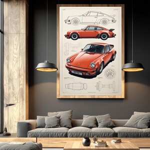 May include: A framed wall art print featuring a technical illustration of a classic orange sports car. The print displays a side profile line drawing, a side view of the orange car, and a front three-quarter view, alongside mechanical diagrams.
