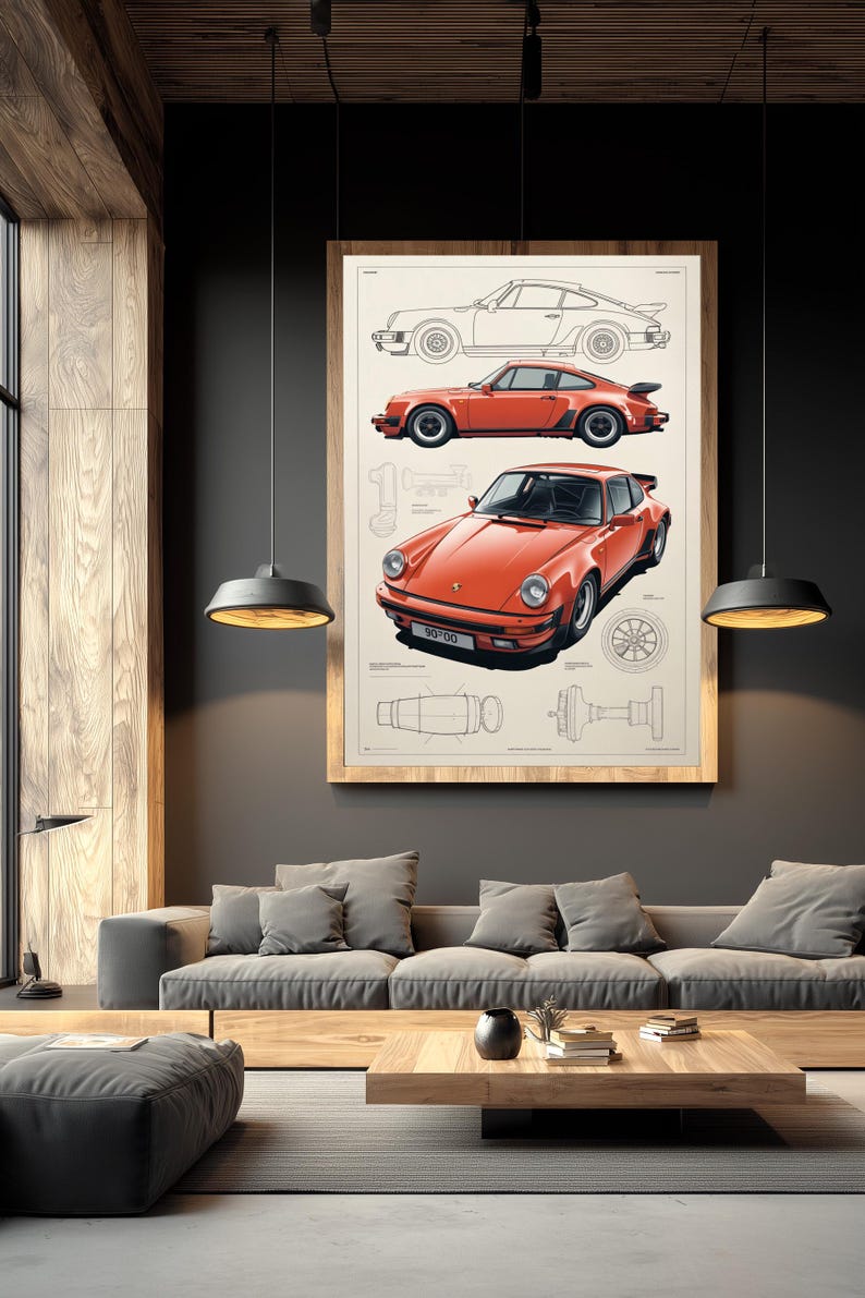 May include: A framed wall art print featuring a technical illustration of a classic orange sports car. The print displays a side profile line drawing, a side view of the orange car, and a front three-quarter view, alongside mechanical diagrams.