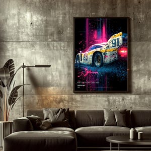 May include: A rectangular wall art print featuring a white and yellow race car with the number 91 displayed on the rear wing and 93 on the side. The artwork includes the text MOTORSPORT-LEGENDS, PORSCHE 962, and 1986, set against a dark background.