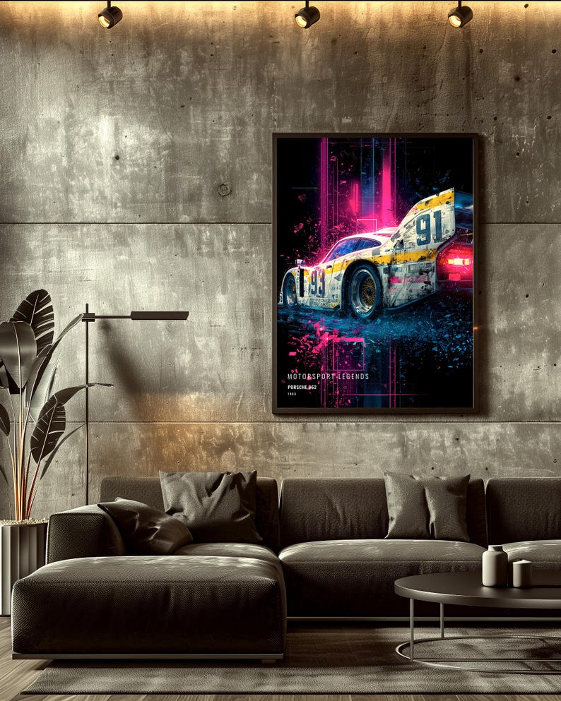May include: A rectangular wall art print featuring a white and yellow race car with the number 91 displayed on the rear wing and 93 on the side. The artwork includes the text MOTORSPORT-LEGENDS, PORSCHE 962, and 1986, set against a dark background.