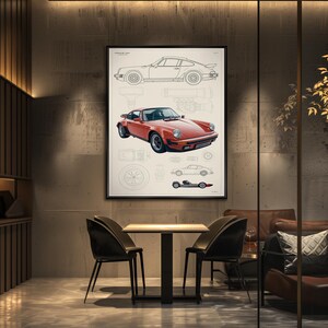 May include: A framed wall art print featuring a technical blueprint design of a classic sports car. The artwork displays a detailed red car illustration centered among faint line drawings of vehicle components, wheels, and side profiles.