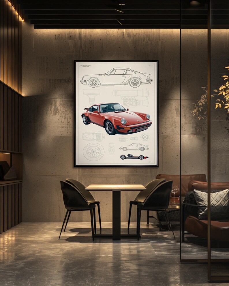 May include: A framed wall art print featuring a technical blueprint design of a classic sports car. The artwork displays a detailed red car illustration centered among faint line drawings of vehicle components, wheels, and side profiles.