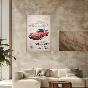 Puede incluir: Una l&aacute;mina enmarcada que presenta la ilustraci&oacute;n de un coche deportivo rojo centrada entre dibujos t&eacute;cnicos de l&iacute;neas del mismo veh&iacute;culo desde varios &aacute;ngulos, incluyendo diagramas mec&aacute;nicos detallados del motor y las ruedas.