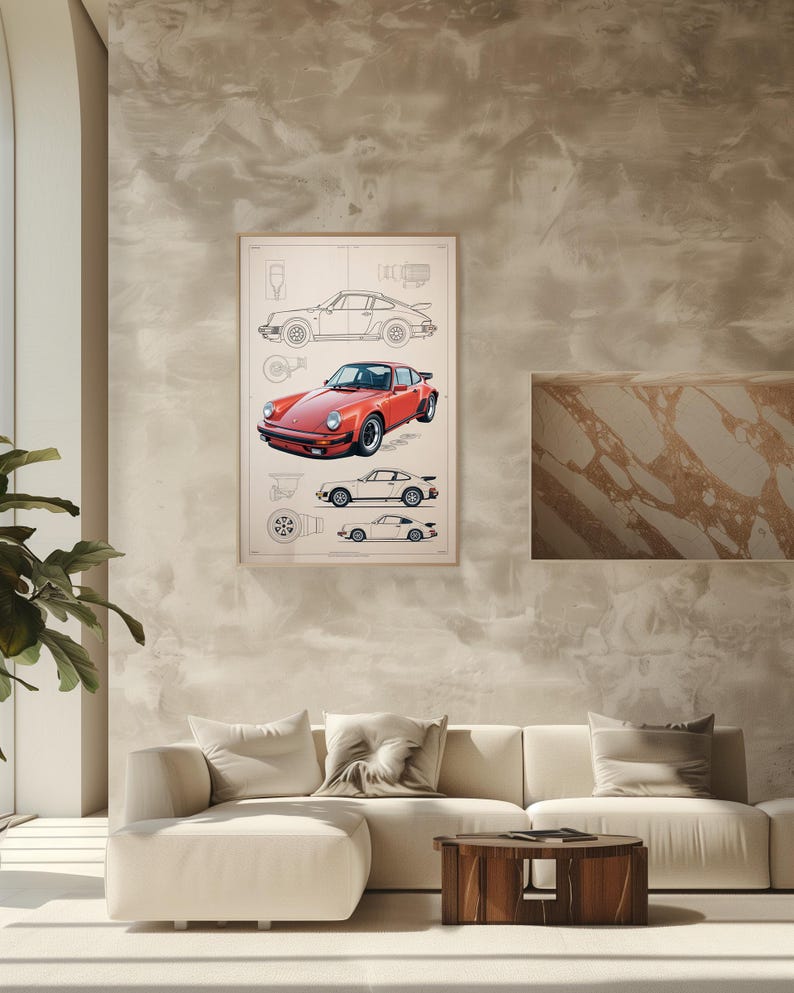 Puede incluir: Una l&aacute;mina enmarcada que presenta la ilustraci&oacute;n de un coche deportivo rojo centrada entre dibujos t&eacute;cnicos de l&iacute;neas del mismo veh&iacute;culo desde varios &aacute;ngulos, incluyendo diagramas mec&aacute;nicos detallados del motor y las ruedas.