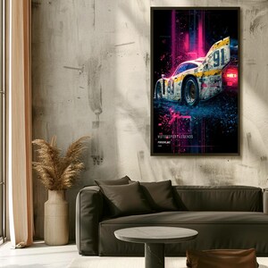 May include: A rectangular wall art print featuring a white and yellow race car with the number 91, set against a dark background with vibrant pink light streaks. The text MOTORSPORT LEGENDS and PORSCHE 962 are printed at the bottom of the artwork.