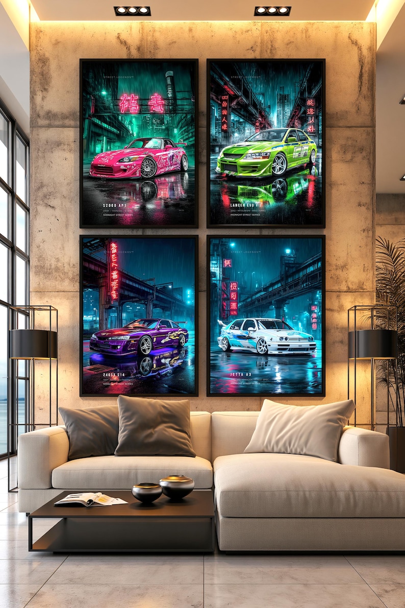 May include: A set of four framed vertical wall art prints featuring stylized sports cars in a rainy, neon-lit urban environment. The prints depict a pink S2000 AP1, a green Lancer Evo VII, a purple 240SX S14, and a white Jetta A3 with Japanese text.