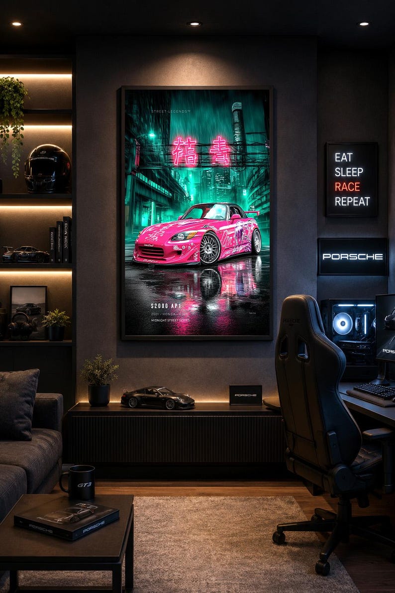 May include: A framed wall poster featuring a bright pink Honda S2000 AP1 sports car parked on a wet city street at night. The artwork displays neon teal lighting, Japanese characters, and the text S2000 AP1 2001 HONDA S2000 MIDNIGHT STREET SERIES.