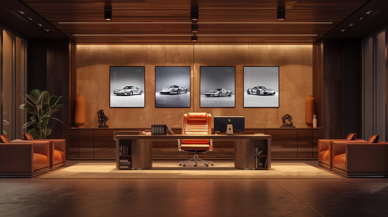 May include: A modern office space featuring a large wooden desk with an orange leather chair, a computer monitor, and four framed wall prints displaying silver sports cars. The room includes two orange armchairs and warm lighting.