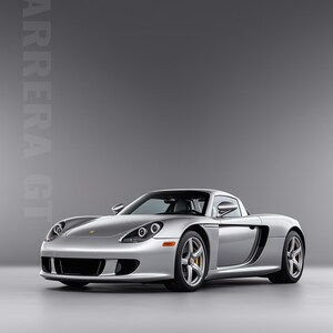 May include: A silver Porsche Carrera GT sports car on a gray background. Text reads: APEX ICONS PORSCHE LEGENDS No.03, CARRERA GT, PORSCHE CARRERA GT, 2004 5.7L V10 603 HP. The car features yellow brake calipers and five-spoke silver wheels.