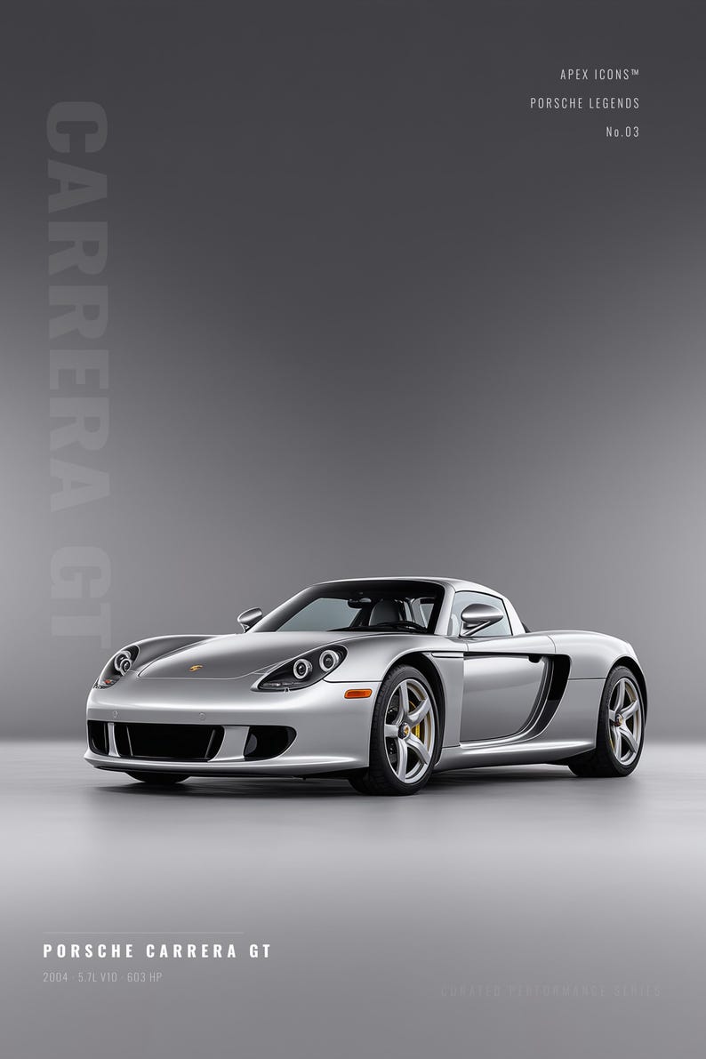 May include: A silver Porsche Carrera GT sports car on a gray background. Text reads: APEX ICONS PORSCHE LEGENDS No.03, CARRERA GT, PORSCHE CARRERA GT, 2004 5.7L V10 603 HP. The car features yellow brake calipers and five-spoke silver wheels.