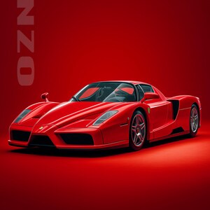 May include: A red Ferrari Enzo sports car on a solid red background. The text reads ENZO, APEX ICONS FERRARI ICONS 2000s, and FERRARI ENZO 2002 6.0L V12 651 HP. The car features a low profile, angular headlights, and silver five-spoke wheels.
