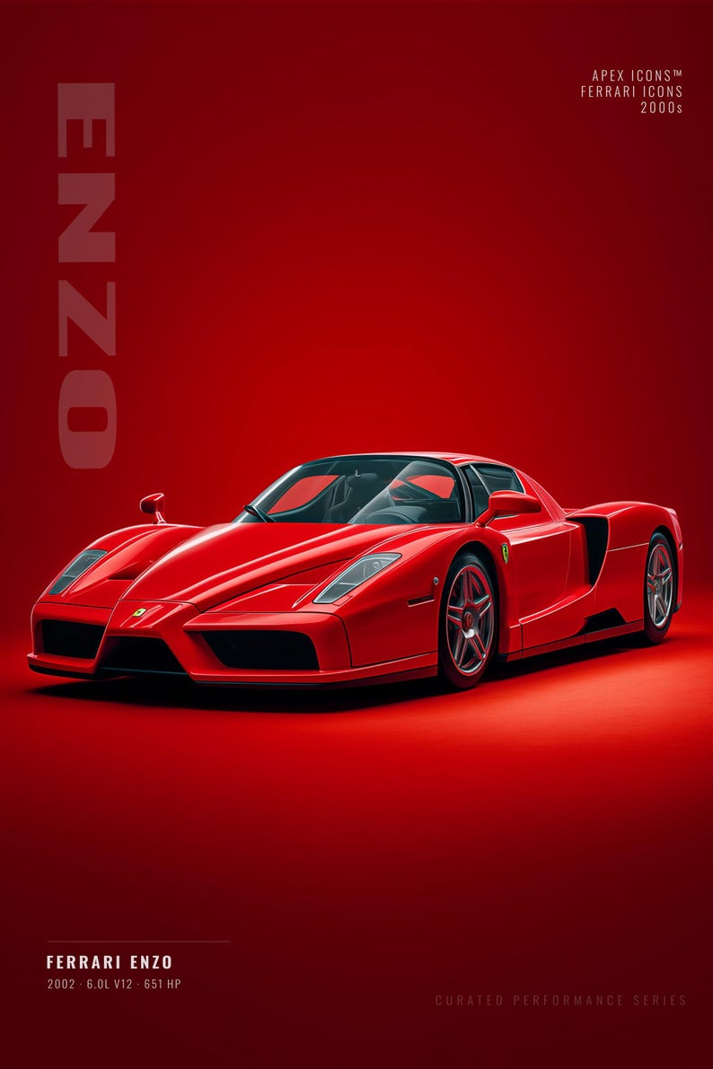 May include: A red Ferrari Enzo sports car on a solid red background. The text reads ENZO, APEX ICONS FERRARI ICONS 2000s, and FERRARI ENZO 2002 6.0L V12 651 HP. The car features a low profile, angular headlights, and silver five-spoke wheels.