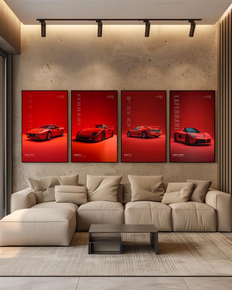 Ferrari Poster Set of 4, Wall Art Digital Download, LaFerrari F40 F50 288 GTO Print Bundle, Supercar Garage Decor, Gift for Him image 2
