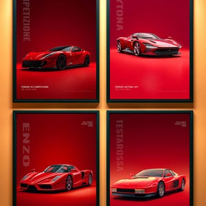 May include: Four framed posters featuring red Ferrari sports cars on a red background. The posters are labeled Competizione, Daytona, Enzo, and Testarossa, with text detailing the Ferrari 812 Competizione, Daytona SP3, Enzo, and Testarossa models.