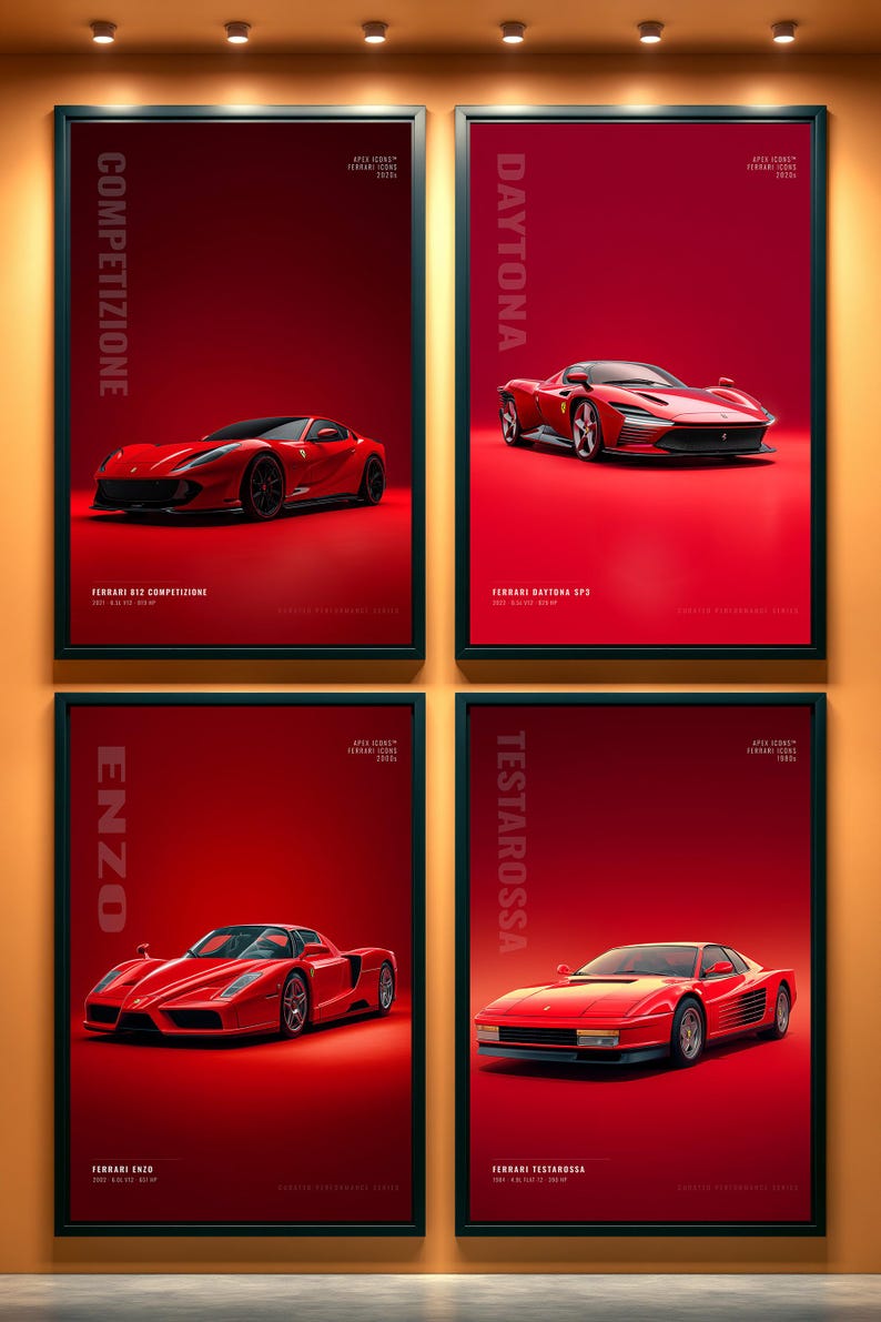 May include: Four framed posters featuring red Ferrari sports cars on a red background. The posters are labeled Competizione, Daytona, Enzo, and Testarossa, with text detailing the Ferrari 812 Competizione, Daytona SP3, Enzo, and Testarossa models.