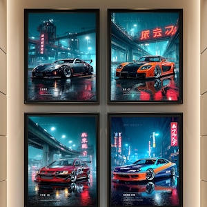 May include: A set of four framed wall art prints featuring Japanese sports cars including a 350Z, RX-7, EVO IX, and Silvia S15. Each print displays a car in a rainy urban street setting at night with neon signs, reflective wet pavement, and text.