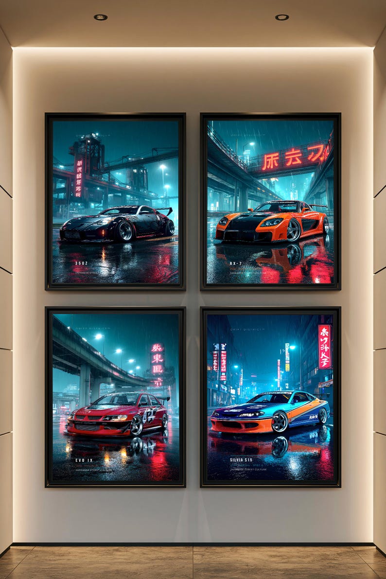 May include: A set of four framed wall art prints featuring Japanese sports cars including a 350Z, RX-7, EVO IX, and Silvia S15. Each print displays a car in a rainy urban street setting at night with neon signs, reflective wet pavement, and text.