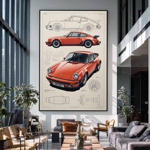 May include: A large framed wall art print featuring a technical blueprint style illustration of an orange sports car. The artwork displays a side profile line drawing, a side view in orange, and a front three-quarter view of the same vehicle.